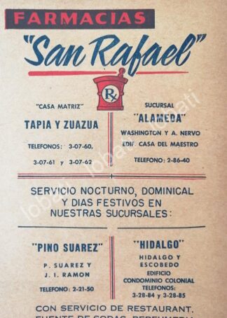 CARTEL ANTIGUO ORIGINAL DE FARMACIA SAN RAFAEL MONTERREY 1950s /269 RARO