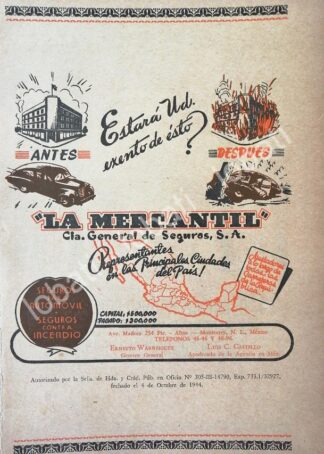 CARTEL ANTIGUO ORIGINAL DE ASEGURADORA LA MERCANTIL 1940s /266 MONTERREY