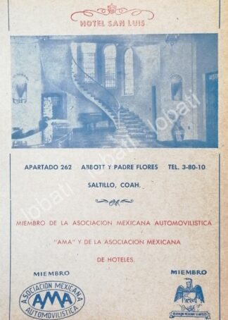 CARTEL ANTIGUO ORIGINAL DE HOTEL SAN LUIS 1960s /265 SAN LUIS POTOSI, MUY RARO
