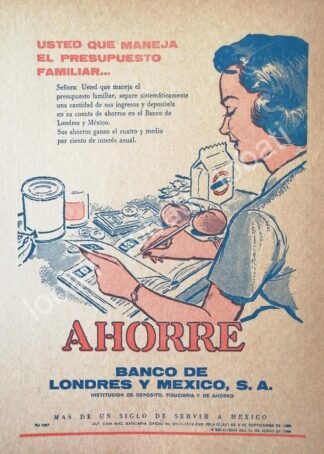 CARTEL ANTIGUO ORIGINAL DE BANCO DE LONDRES Y MEXICO 1950s /264 MONTERREY