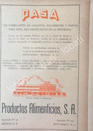 CARTEL ANTIGUO ORIGINAL DE GALLETAS PASA MONTERREY 1945 /78