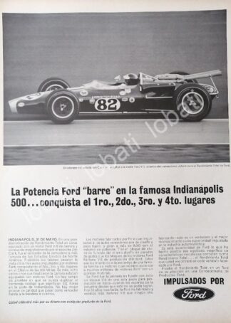 CARTEL ANTIGUO ORIGINAL DE AUTOS FORD Y EL PILOTO JIM CLARK 1965 GANA LAS 500 MILLAS / 512 FORMULA 1