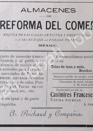 CARTEL ANTIGUO ORIGINAL DE TIENDA. ALMACENES LA REFORMA DEL COMERCIO 1895 /379 RARO