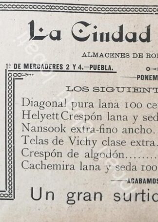 CARTEL ANTIGUO ORIGINAL DE MINI CARTEL. TIENDA " LA CIUDAD DE MEXICO " 1895 /378