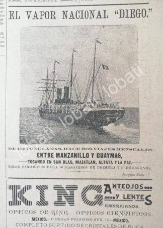 CARTEL ANTIGUO ORIGINAL DE MINI CARTEL. BUQUE VAPOR NACIONAL DIEGO 1895 /377 SUPER RARO