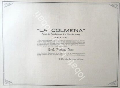 CARTEL ANTIGUO ORIGINAL DE TIENDA LA COLMENA FELICITA A PORFIRIO DIAZ 1894 /284