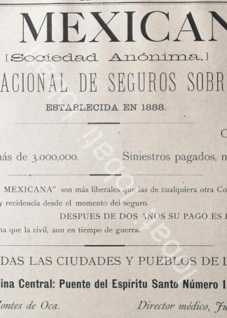 CARTEL ANTIGUO ORIGINAL DE COMPAÑIA DE SEGUROS LA MEXICANA 1894 /367