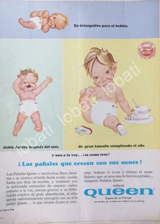 CARTEL ANTIGUO ORIGINAL DE PAÑALES DE TELA QUEEN S.A 1965 /356 SUPER RARO
