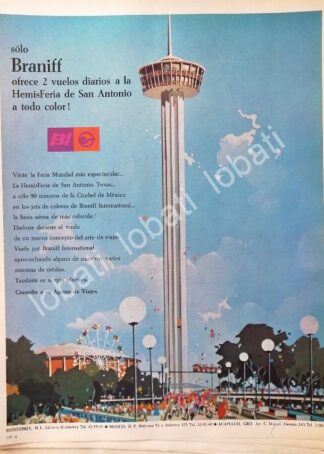 CARTEL ANTIGUO ORIGINAL DE AEROLINEAS BRANIFF Y LA FERIA MUNDIAL SAN ANTONIO TX 1968 /350