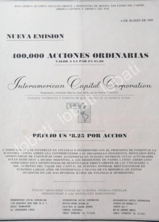 CARTEL ANTIGUO ORIGINAL DE ICC. INTERAMERICAN CAPITAL CORPORATION LANZA OFERTA PUBLICA 1959 /325