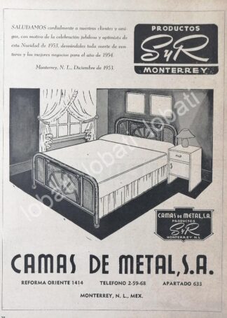 CARTEL ANTIGUO ORIGINAL DE CAMAS DE METAL S.A ( SALINAS Y ROCHA ) 1941 MONTERREY /292