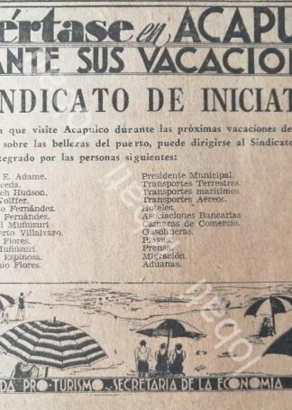 CARTEL ANTIGUO ORIGINAL DE SECRETARIA DE TURISMO ,SINDICATO DE INICIATIVA, ACAPULCO 1930s /492