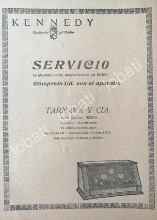 CARTEL ANTIGUO ORIGINAL DE RADIOS KENNEDY . TARNAVA & CIA. 1926 /487 MONTERREY. SUPER RARO 10+++