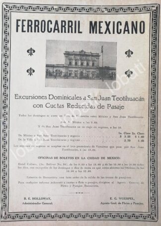 CARTEL ANTIGUO ORIGINAL DE FERROCARRIL MEXICANO 1922 SAN JUAN TEOTIHUACAN /482 MUY RARO