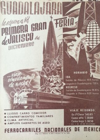 CARTEL ANTIGUO ORIGINAL DE FERROCARRILES NACIONALES Y PRIMERA GRAN FERIA DE JALISCO 1953 /481
