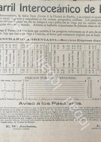 CARTEL ANTIGUO ORIGINAL DE FERROCARRIL INTEROCEANICO DE MEXICO 1894 /480 MUY RARO