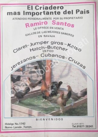 CARTEL ANTIGUO ORIGINAL DE CRIADERO DE GALLOS DE PELEA DE RAMIRO SANTOS 1987 /448