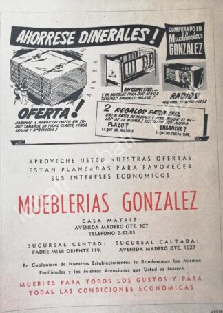 CARTEL ANTIGUO ORIGINAL DE MUEBLERIA GONZALEZ 1953 /441 MONTERREY