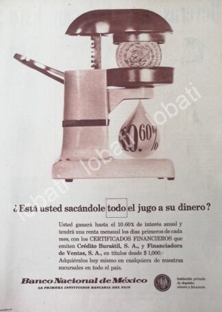 CARTEL ANTIGUO ORIGINAL DE BANCO BANAMEX 1967 10.6 DE INTERES 1973 /154
