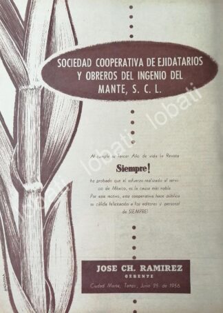 CARTEL ANTIGUO ORIGINAL DE COOPERATIVA INGENIO DEL MANTE 1955 DIBUJO DE LUIS AMENDOLLA 414