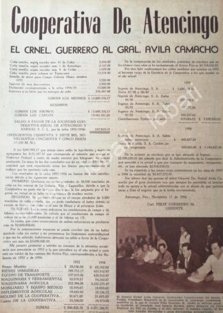 CARTEL ANTIGUO ORIGINAL DE COOPERATIVA DE ATENCINGO 1956 A AVILA CAMACHO S.A 394 /RARO