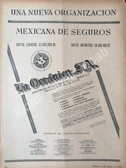 CARTEL ANTIGUO ORIGINAL DE INICIA OPERACIONES SEGUROS LA OCEANICA S.A 1945 /184