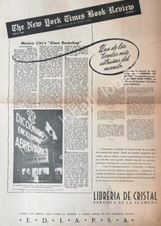 CARTEL ANTIGUO ORIGINAL DE LIBRERIA DE CRISTAL Y LA RESEÑA DEL NEW YORK TIMES 1946 /497 SUPER RARO