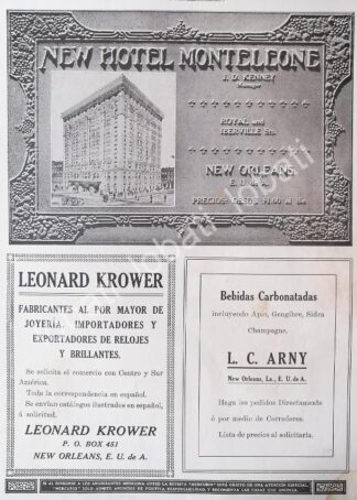 CARTEL ANTIGUO ORIGINAL DE HOTEL MONTELEONE Y OTRAS 1913 /494 SUPER RARO