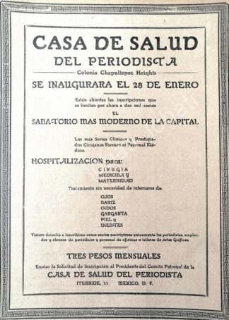 CARTEL ANTIGUO ORIGINAL DE INAUGURAN LA CLINICA DEL PERIODISTA 1922, /580 SUPER RARO 10+