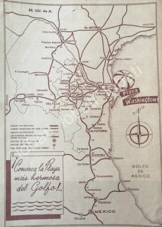 CARTEL ANTIGUO ORIGINAL DE INICIOS DE PLAYA WASHINGTON, MATAMOROS 1953 /576 SUPER RARO 10+++