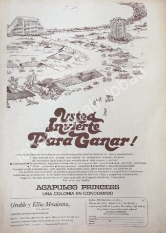 CARTEL ANTIGUO ORIGINAL DE INICIOS DE LA COLONIA ACAPULCO PRINCESS 1970s /575 MUY RARO