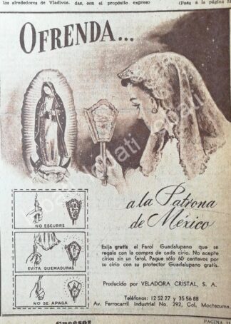 CARTEL ANTIGUO ORIGINAL DE VELADORAS CRISTAL S.A Y EL FAROL GUADALUPANO 1953 /590