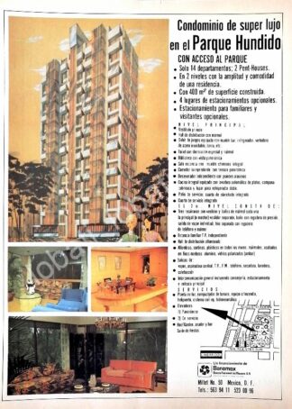 CARTEL ANTIGUO ORIGINAL DE INICIOS DEL CONDOMINIO PARQUE HUNDIDO ( MILLET 50 ) 1970s /580 RARO