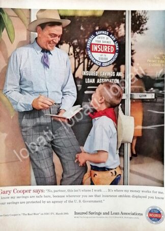 CARTEL ANTIGUO ORIGINAL DE GARY COOPER & ASEGURADORA INSURED SAVINGS & LOAN 1960s /570 FEP