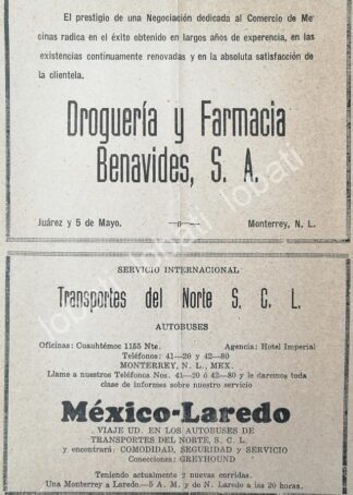 CARTEL ANTIGUO ORIGINAL DE FARMACIAS BENAVIDES 1943 Y TRANSPORTES DEL NORTE /569 MONTERREY