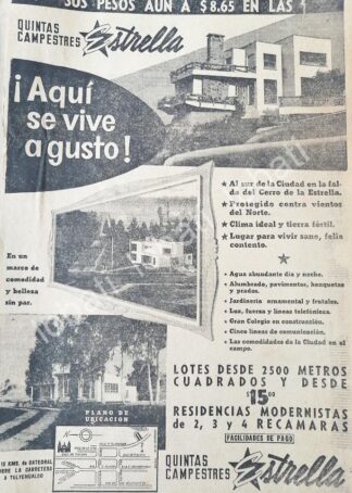 CARTEL ANTIGUO ORIGINAL DE INICIOS DE LA COLONIA CAMPESTRE LA ESTRELLA 1954 /599 SUPER RARO 10+