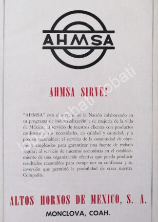 CARTEL ANTIGUO ORIGINAL DE MINI CARTEL ALTOS HORNOS DE MEXICO S.A 1940s /594