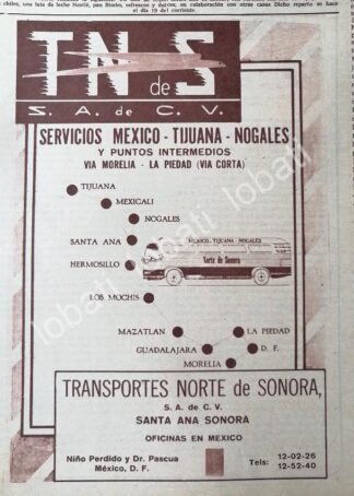 CARTEL ANTIGUO ORIGINAL DE TRANSPORTES NORTE DE SONORA S.A 1960s / 532