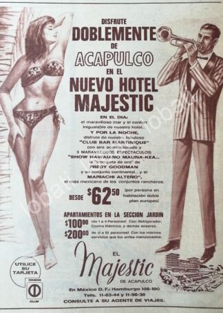 CARTEL ANTIGUO ORIGINAL DE HOTEL MAJESTIC DE ACAPULCO 1950s / 530