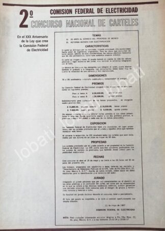 CARTEL ANTIGUO ORIGINAL DE C.F.E. & 2DO CONCURSO NACIONAL DE CARTELES 1967 / SUPER RARO 10+