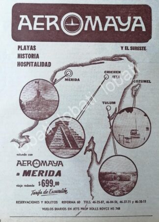 CARTEL ANTIGUO ORIGINAL DE AEROLINEAS AERO MAYA 1960s /504