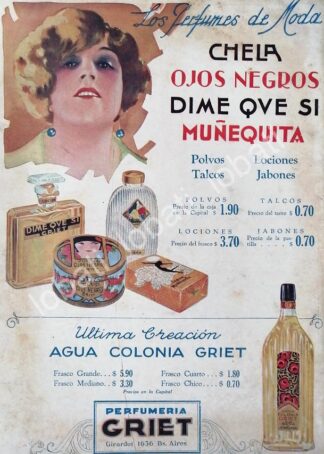 CARTEL ANTIGUO ORIGINAL DE PERFUME CHELA, OJOS NEGROS Y MUÑEQUITA 1930 /39