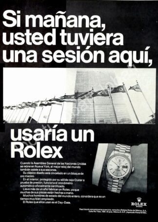 CARTEL ANTIGUO ORIGINAL DE RELOJES ROLEX DAY-DATE Y LA O.N.U 1960s / 75