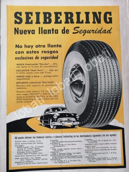 CARTEL ANTIGUO ORIGINAL DE PUBLICIDAD RETRO DE LLANTAS SEIBERLING 1952 /134 MUY RARO