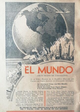 CARTEL ANTIGUO ORIGINAL DE AFICHE DEL DIARIO EL MUNDO 1950 TAMAULIPAS /68