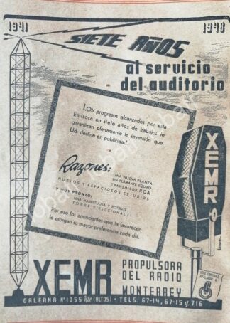 CARTEL ANTIGUO ORIGINAL DE RADIO DIFUSORA XEMR 1948 MONTERREY /67