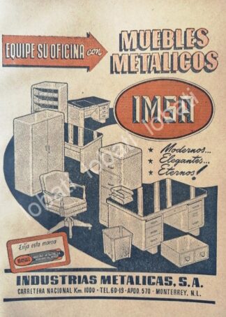 CARTEL ANTIGUO ORIGINAL DE IMSA. INDUSTRIAS METALICAS. S.A MONTERREY 1948/ 282 / MUY RARO