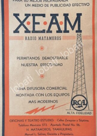 CARTEL ANTIGUO ORIGINAL DE RADIO DIFUSORA XEAM RADIO MATAMOROS 1950 /62