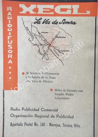 CARTEL ANTIGUO ORIGINAL DE RADIO DIFUSORA XEGL LA VOZ DE SONORA 1955 /61