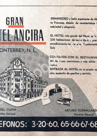 CARTEL ANTIGUO ORIGINAL DE MINI AFICHE. HOTEL ANCIRA 1955 / 279